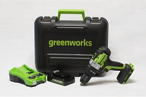 Дрель-шуруповерт аккумуляторная Greenworks GD24DD60K2, 24V, c 1хАКБ 2 А.ч и ЗУ в кейсе