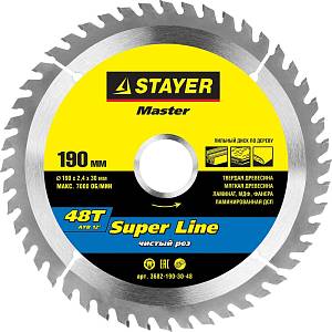STAYER Super line 190 x 30 мм 48Т, диск пильный по дереву 3682-190-30-48