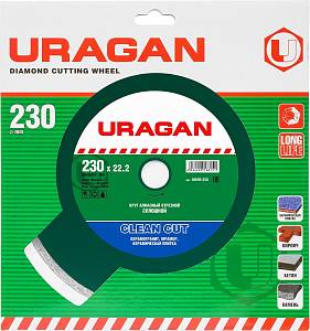 Clean Cut 230 мм, диск алмазный отрезной сплошной по керамограниту, мрамору, плитке, URAGAN 36695-230