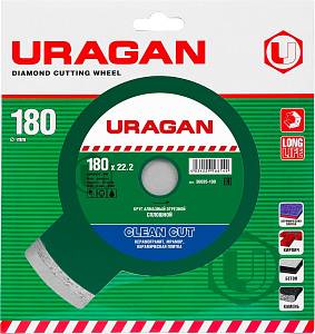 Clean Cut 180 мм, диск алмазный отрезной сплошной по керамограниту, мрамору, плитке, URAGAN 36695-180