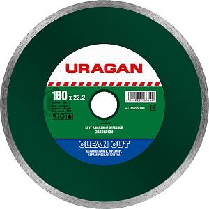 Clean Cut 180 мм, диск алмазный отрезной сплошной по керамограниту, мрамору, плитке, URAGAN 36695-180