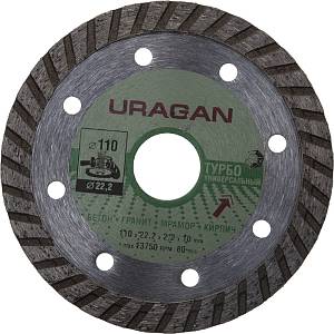 ТУРБО 110 мм, диск алмазный отрезной сегментированный по бетону, камню, кирпичу, URAGAN 909-12131-110