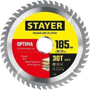 STAYER Optima, 185 x 30/20 мм, 30T, оптимальный рез, пильный диск по дереву (3681-185-30-30)